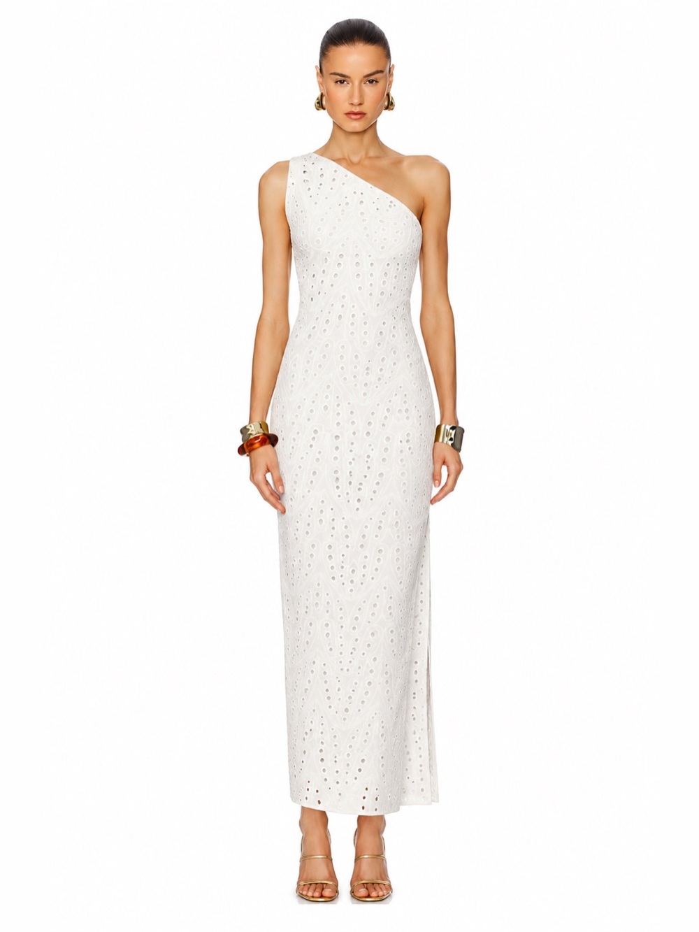 Zara White Eyelet One Shoulder Asymmetrical Midi Dress XS